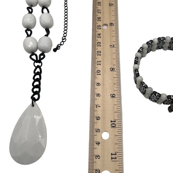 White Bead & Black Chain Necklace With Matching Bracelet Set  M02 - Picture 7 of 7